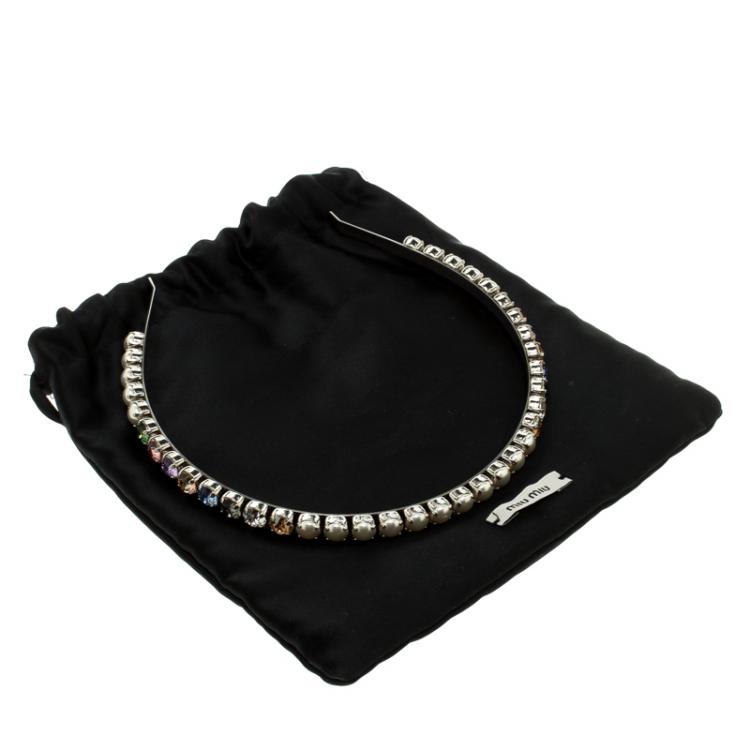 Pre Owned Miu Miu Multicolor Crystals Palladium Finish Metal Headband