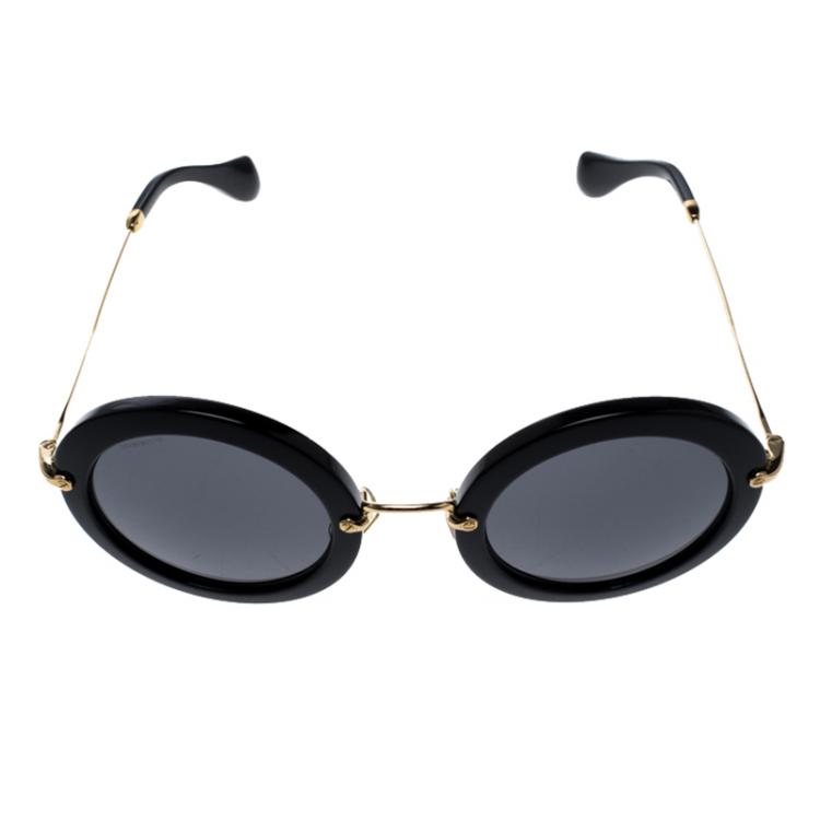 Pre Owned Miu Miu Black/Gold SMU13N Round Sunglasses