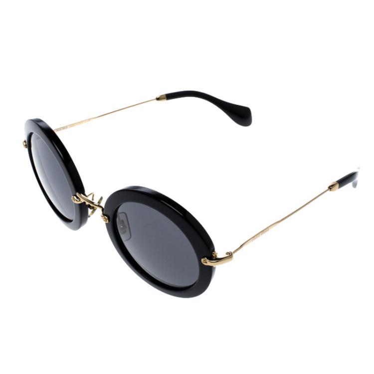 Pre Owned Miu Miu Black/Gold SMU13N Round Sunglasses