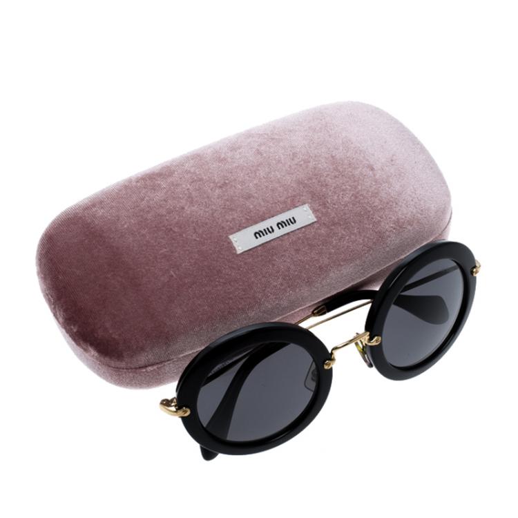 Pre Owned Miu Miu Black/Gold SMU13N Round Sunglasses