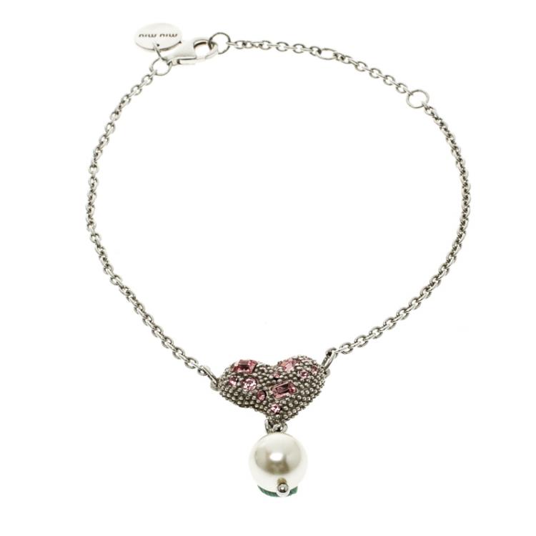 Pre Owned Miu Miu Crystal Faux Pearl Heart Silver Chain Bracelet