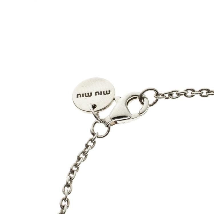 Pre Owned Miu Miu Crystal Faux Pearl Heart Silver Chain Bracelet