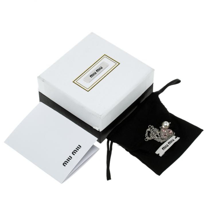 Pre Owned Miu Miu Crystal Faux Pearl Heart Silver Chain Bracelet