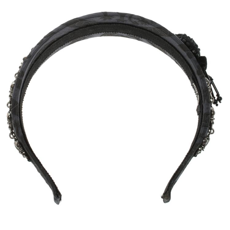Pre Owned Miu Miu Navy Blue Jacquard Grifon Metal Embellished Headband