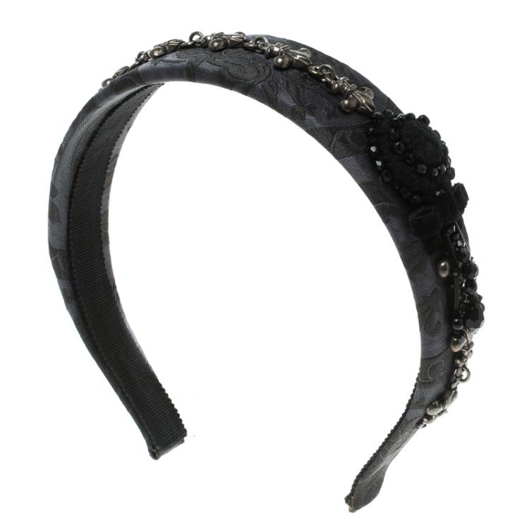 Pre Owned Miu Miu Navy Blue Jacquard Grifon Metal Embellished Headband