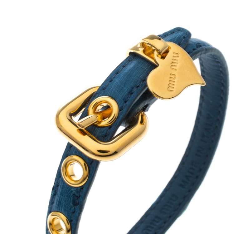 Pre Owned Miu Miu Blue Leather Gold Tone Heart Charm Bracelet 
