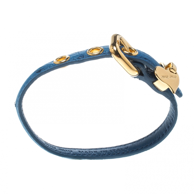 Pre Owned Miu Miu Blue Leather Gold Tone Heart Charm Bracelet 