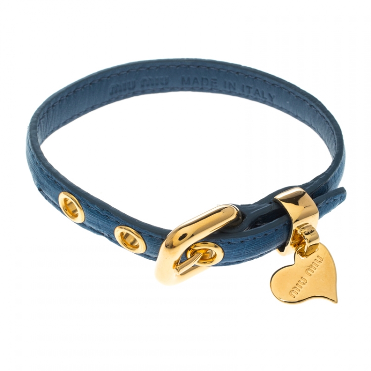 Pre Owned Miu Miu Blue Leather Gold Tone Heart Charm Bracelet 