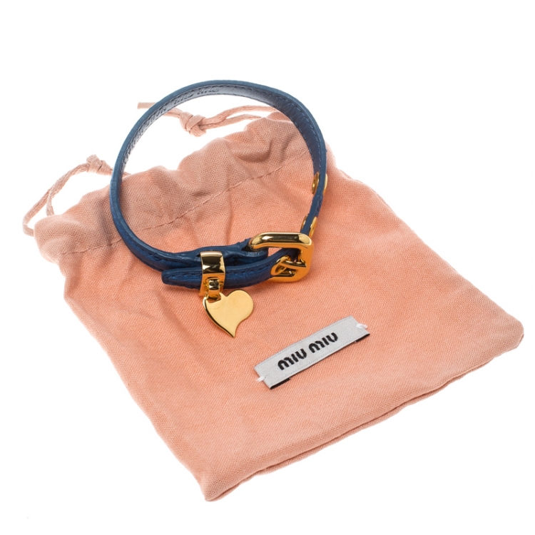 Pre Owned Miu Miu Blue Leather Gold Tone Heart Charm Bracelet 