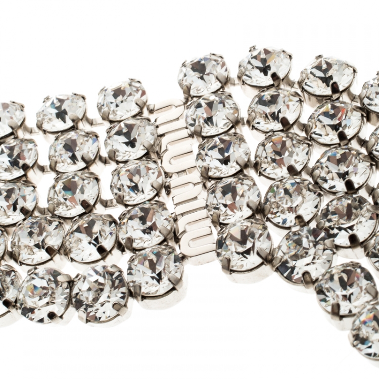 Pre Owned Miu Miu Crystal Studded Silver Tone Statement Bow Necklace 