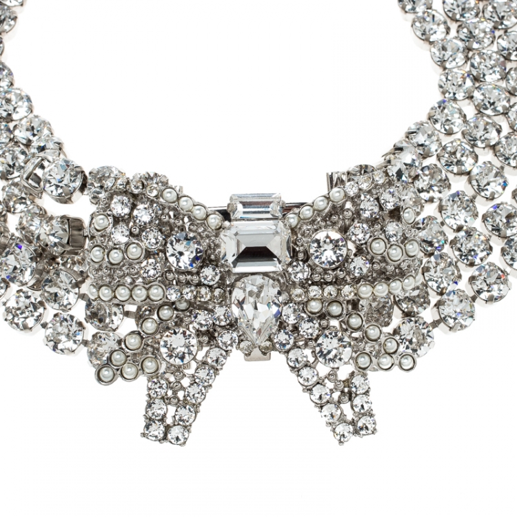 Pre Owned Miu Miu Crystal Studded Silver Tone Statement Bow Necklace 