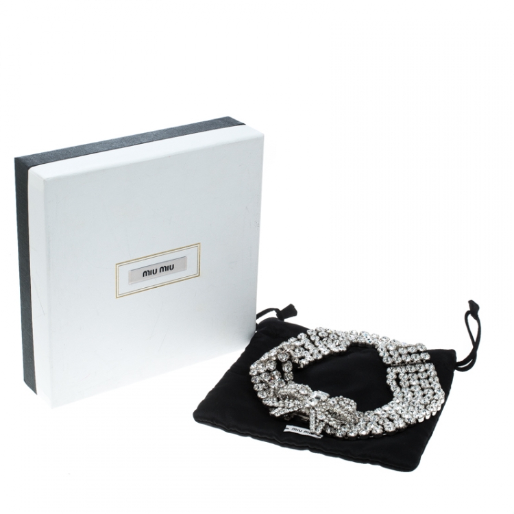 Pre Owned Miu Miu Crystal Studded Silver Tone Statement Bow Necklace 