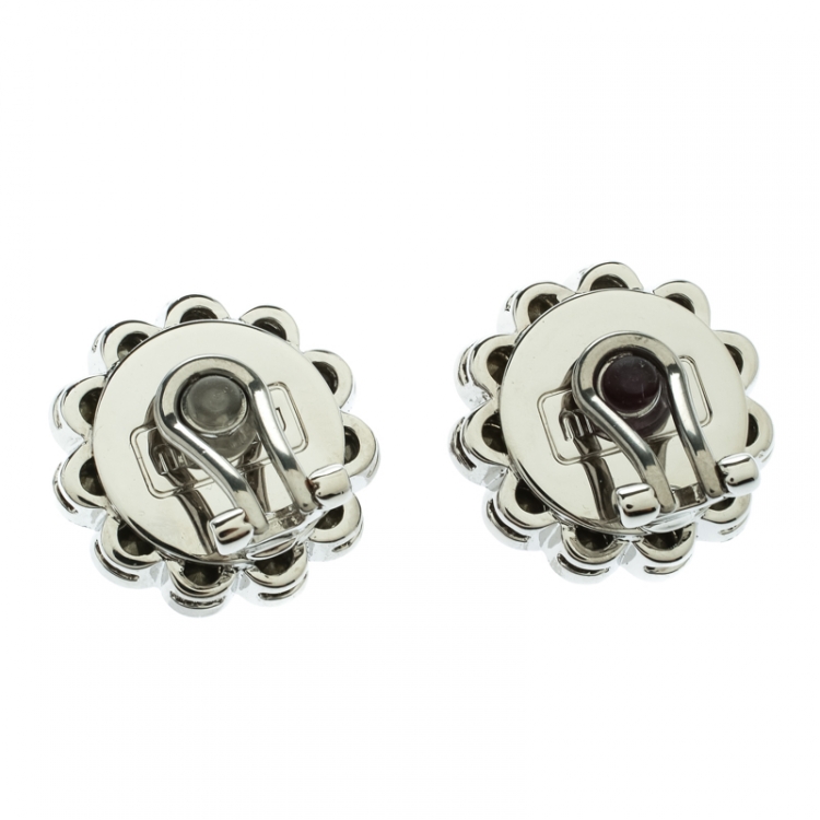 Pre Owned Miu Miu Blue Crystal Flower Silver Tone Clip-on Stud Earrings