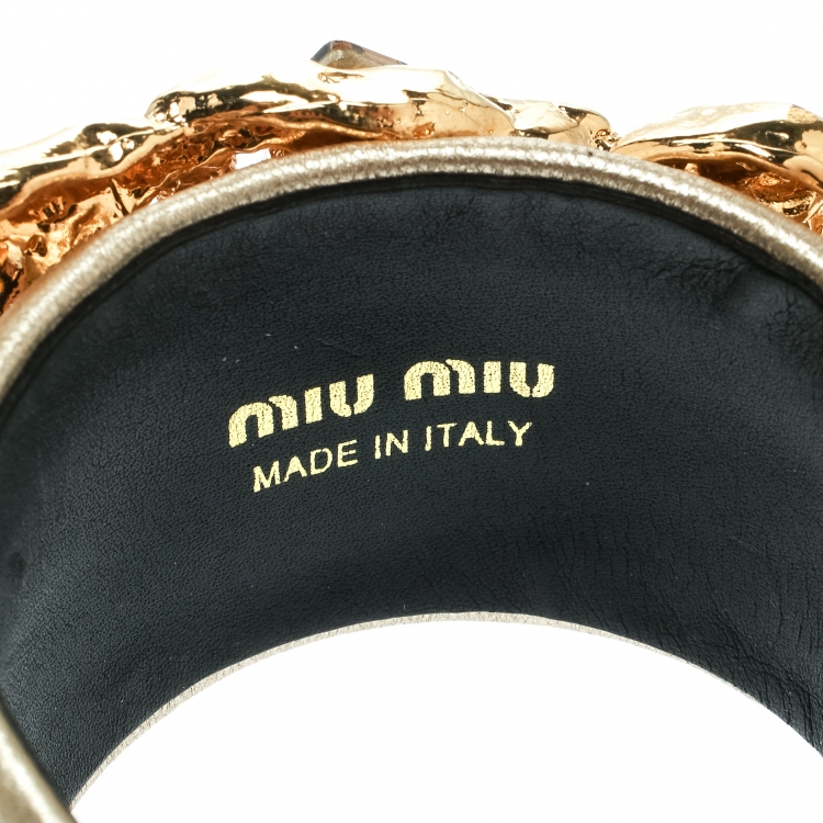 Pre Owned Miu Miu Crystal Leather Gold Tone Statement Open Cuff Bracelet 