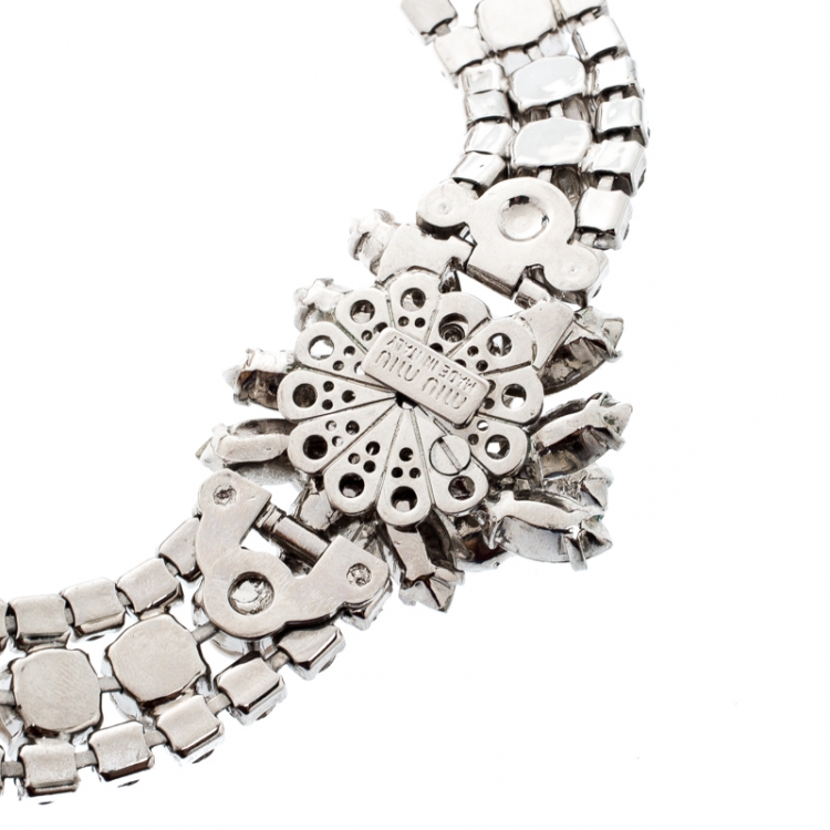 Pre Owned Miu Miu Crystal Faux Pearl Studded Silver Tone Flower Collar Necklace