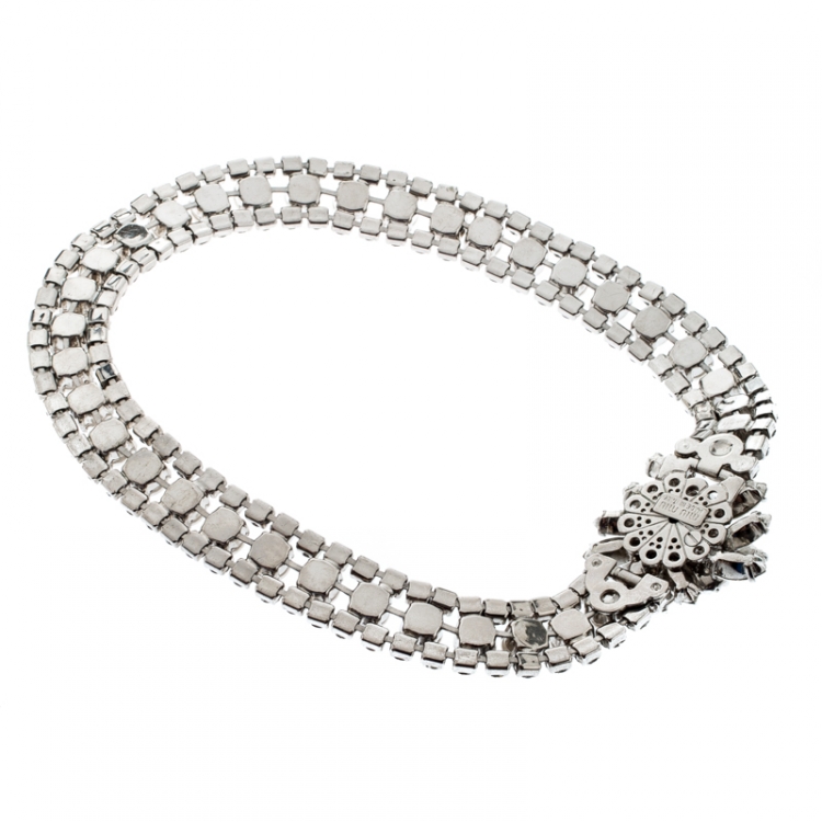 Pre Owned Miu Miu Crystal Faux Pearl Studded Silver Tone Flower Collar Necklace