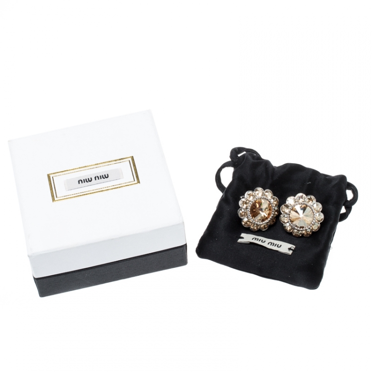 Pre Owned Miu Miu Brown Crystal Flower Silver Tone Clip-on Stud Earrings