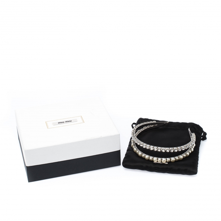 Pre Owned Miu Miu Classic Faux Pearl & Crystal Double Headband