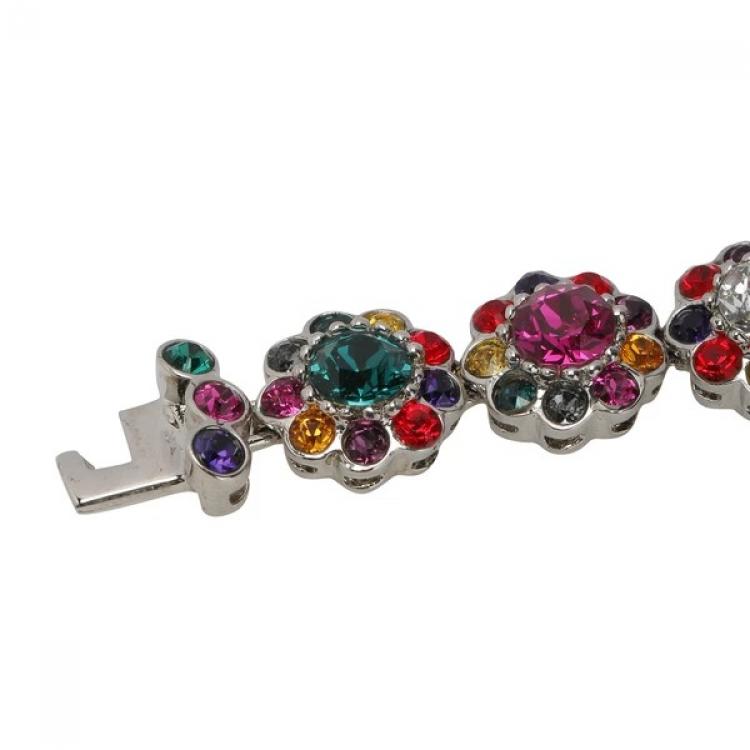 Pre Owned Miu Miu Rebels Multicolor Crystal Silver Tone Floral Bracelet
