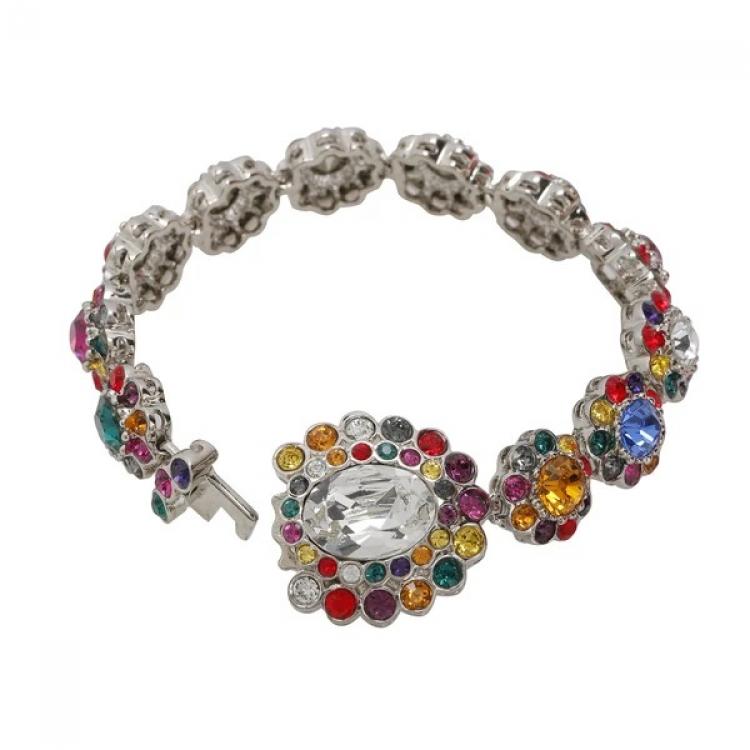 Pre Owned Miu Miu Rebels Multicolor Crystal Silver Tone Floral Bracelet
