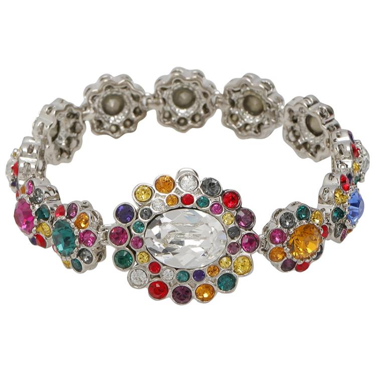 Pre Owned Miu Miu Rebels Multicolor Crystal Silver Tone Floral Bracelet