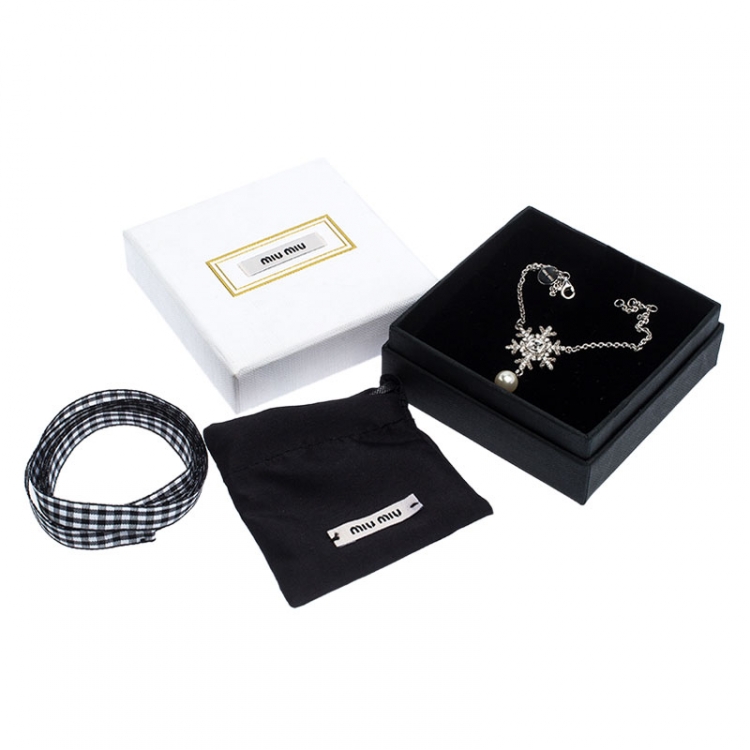 Pre Owned Miu Miu Silver 925 Snow Flake Crystal Embellished Drop Pearl Bracelet