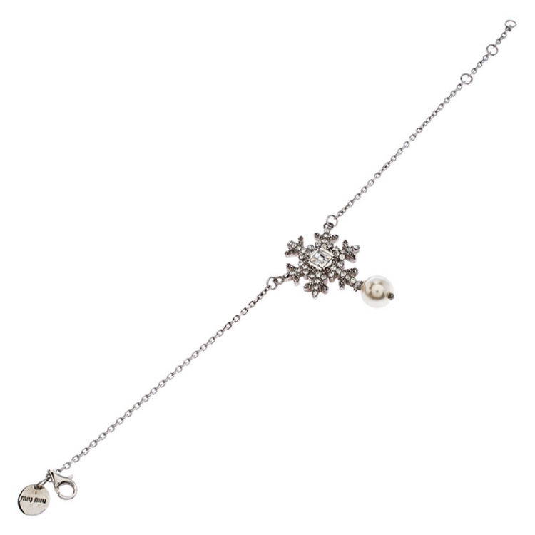 Pre Owned Miu Miu Silver 925 Snow Flake Crystal Embellished Drop Pearl Bracelet
