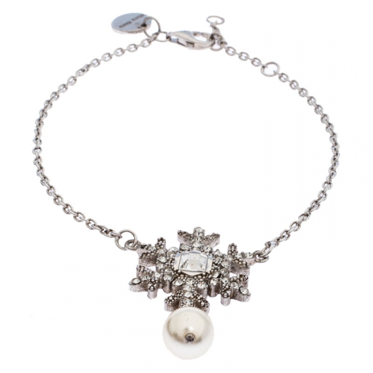 Pre Owned Miu Miu Silver 925 Snow Flake Crystal Embellished Drop Pearl Bracelet