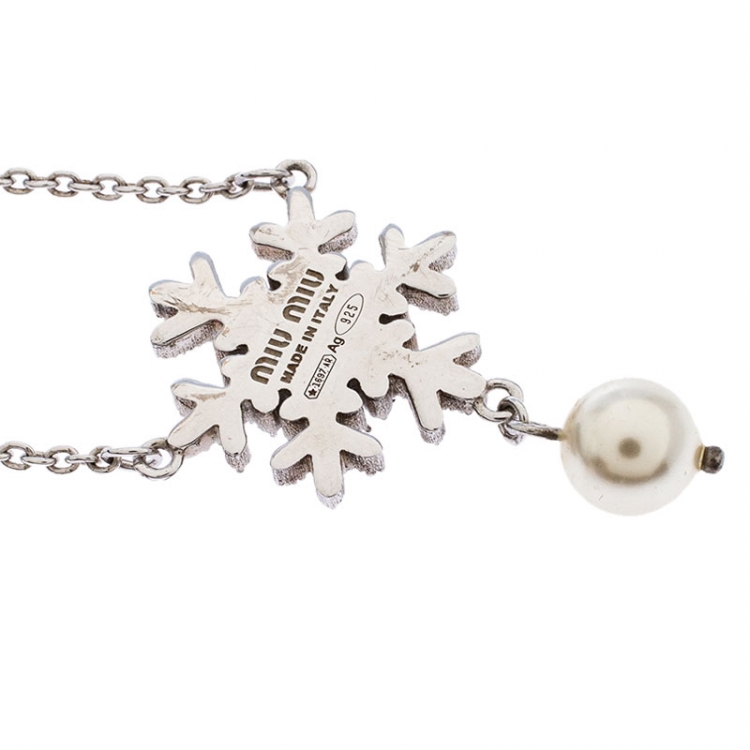 Pre Owned Miu Miu Silver 925 Snow Flake Crystal Embellished Drop Pearl Bracelet