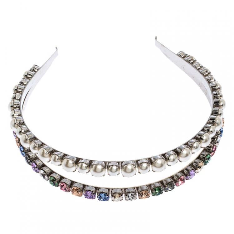 Pre Owned Miu Miu Faux Pearl and Crystal Embellished Silver Tone Head Band