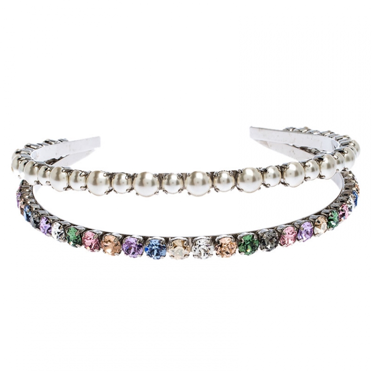 Pre Owned Miu Miu Faux Pearl and Crystal Embellished Silver Tone Head Band