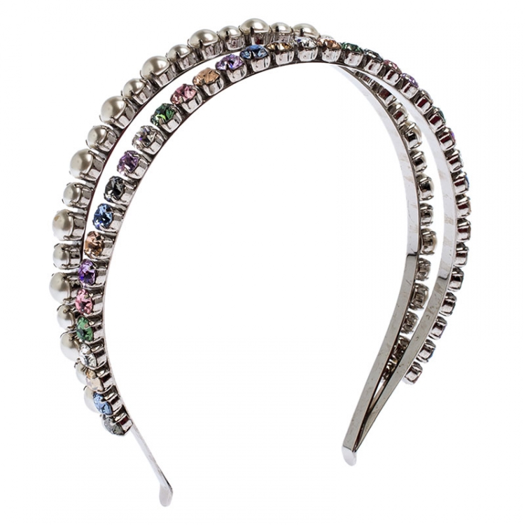 Pre Owned Miu Miu Faux Pearl and Crystal Embellished Silver Tone Head Band