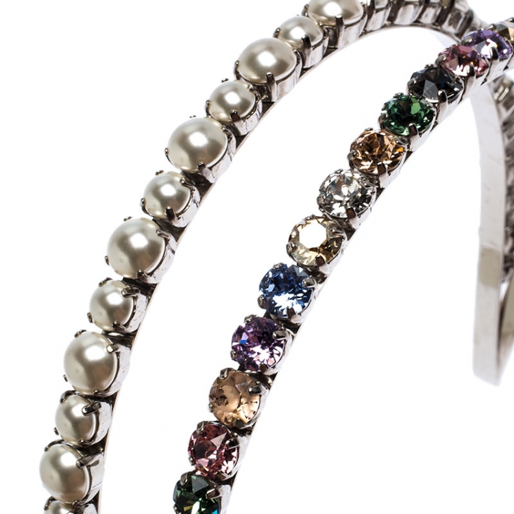 Pre Owned Miu Miu Faux Pearl and Crystal Embellished Silver Tone Head Band
