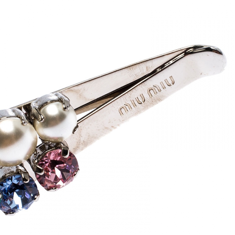 Pre Owned Miu Miu Faux Pearl and Crystal Embellished Silver Tone Head Band