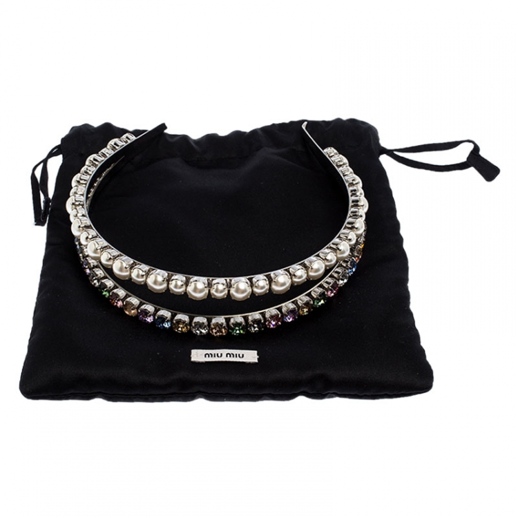 Pre Owned Miu Miu Faux Pearl and Crystal Embellished Silver Tone Head Band