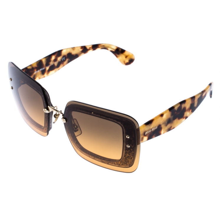 Pre Owned MIu Miu Tortoise Shell Glittered/Brown Grey Gradient SMU01R Square Sunglasses