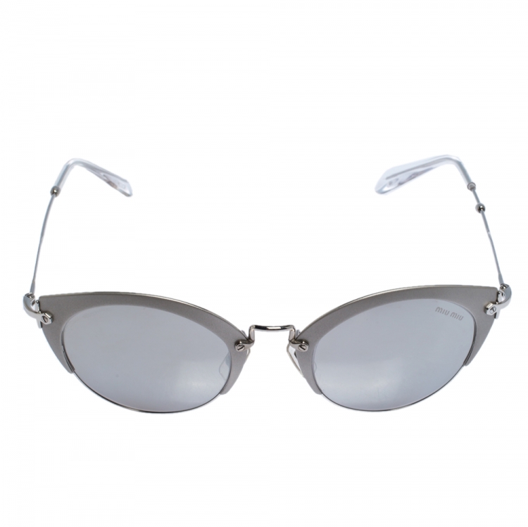 Pre Owned Miu Miu Matte Grey/ Silver Mirrored SMU53R Cat Eye Sunglasses 