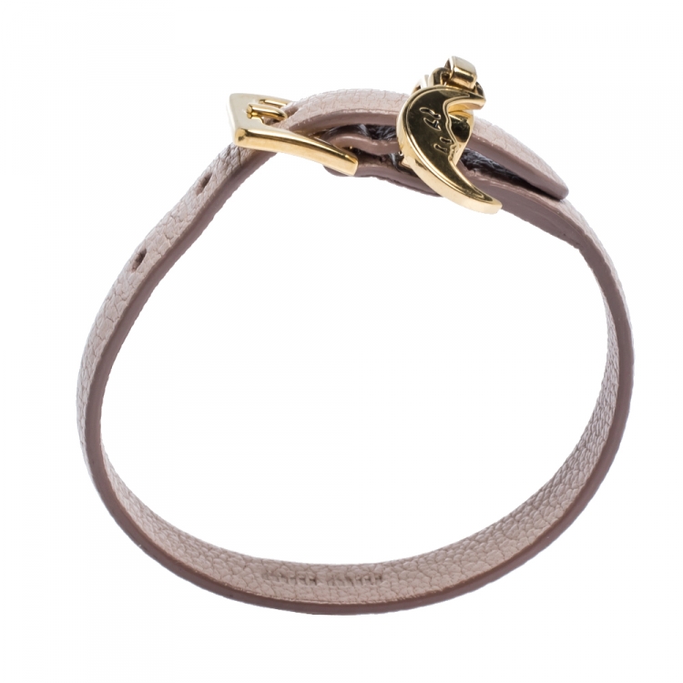 Pre Owned Miu Miu Dusty Pink Leather Gold Tone Crescent Moon Charm Bracelet