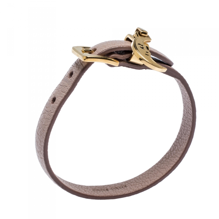 Pre Owned Miu Miu Dusty Pink Leather Gold Tone Crescent Moon Charm Bracelet