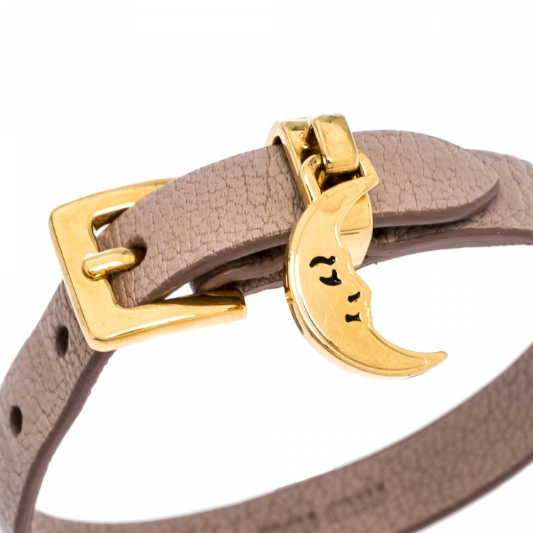 Pre Owned Miu Miu Dusty Pink Leather Gold Tone Crescent Moon Charm Bracelet