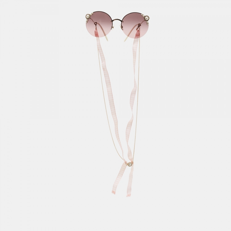 Pre Owned Miu Miu Pink SMU52T Manière Pearl Embellished Round Sunglasses