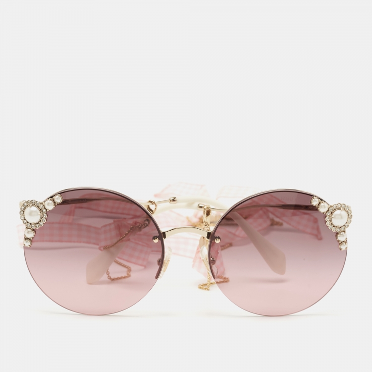 Miu Miu Pink SMU52T Mani re Pearl Embellished Round Sunglasses Miu