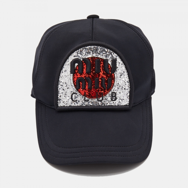 Pre Owned Miu Miu Black Jersey Embellished Detail Baseball Cap
