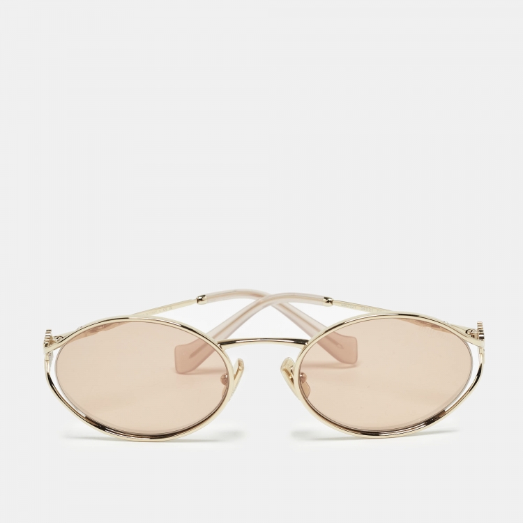 Pre Owned Miu Miu Brown/Gold Tinted SMU 52Y Oval Sunglasses