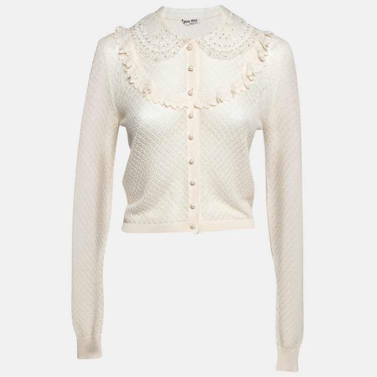 Pre Owned Miu Miu Cream Embellished Collar Crochet Cardigan S