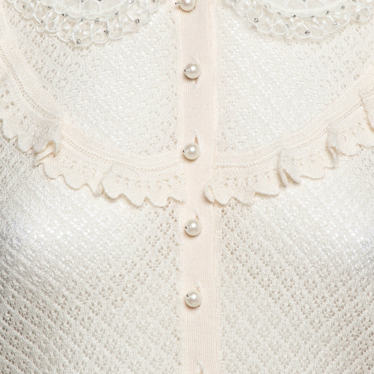 Pre Owned Miu Miu Cream Embellished Collar Crochet Cardigan S