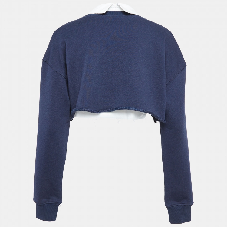 Pre Owned Miu Miu Navy Blue Logo Embellished Knit Layered Crop Sweatshirt XS