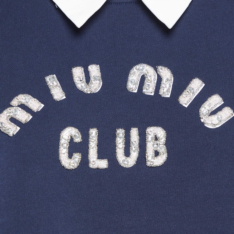 Pre Owned Miu Miu Navy Blue Logo Embellished Knit Layered Crop Sweatshirt XS