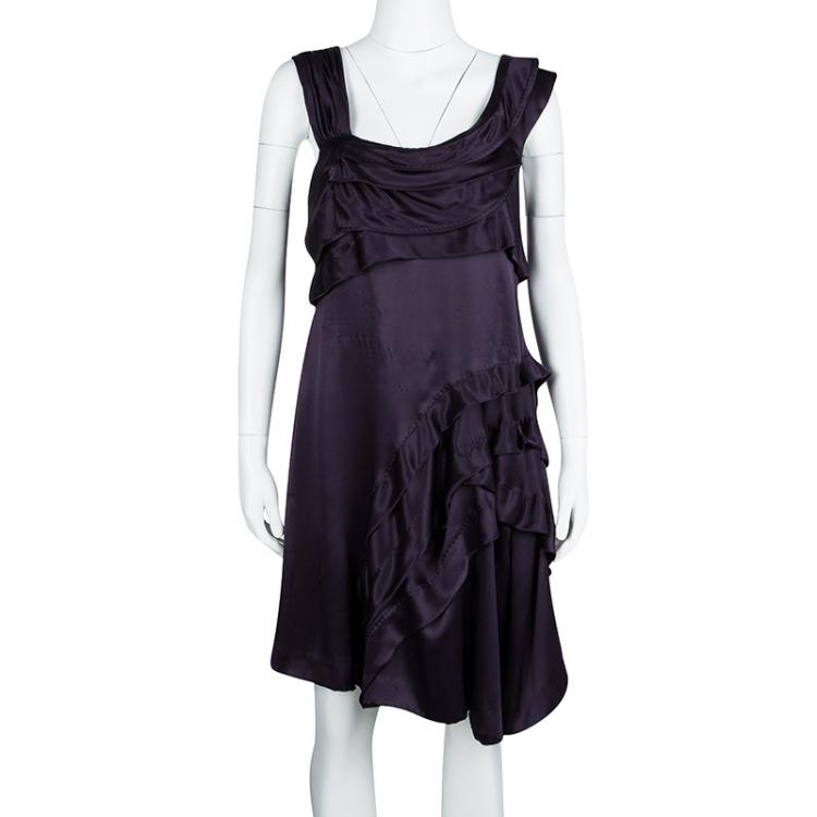 Pre Owned Miu Miu Deep Purple Silk Ruffle Detail Sleeveless Dress M