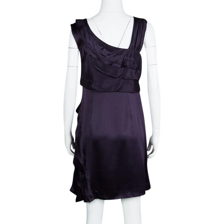 Pre Owned Miu Miu Deep Purple Silk Ruffle Detail Sleeveless Dress M